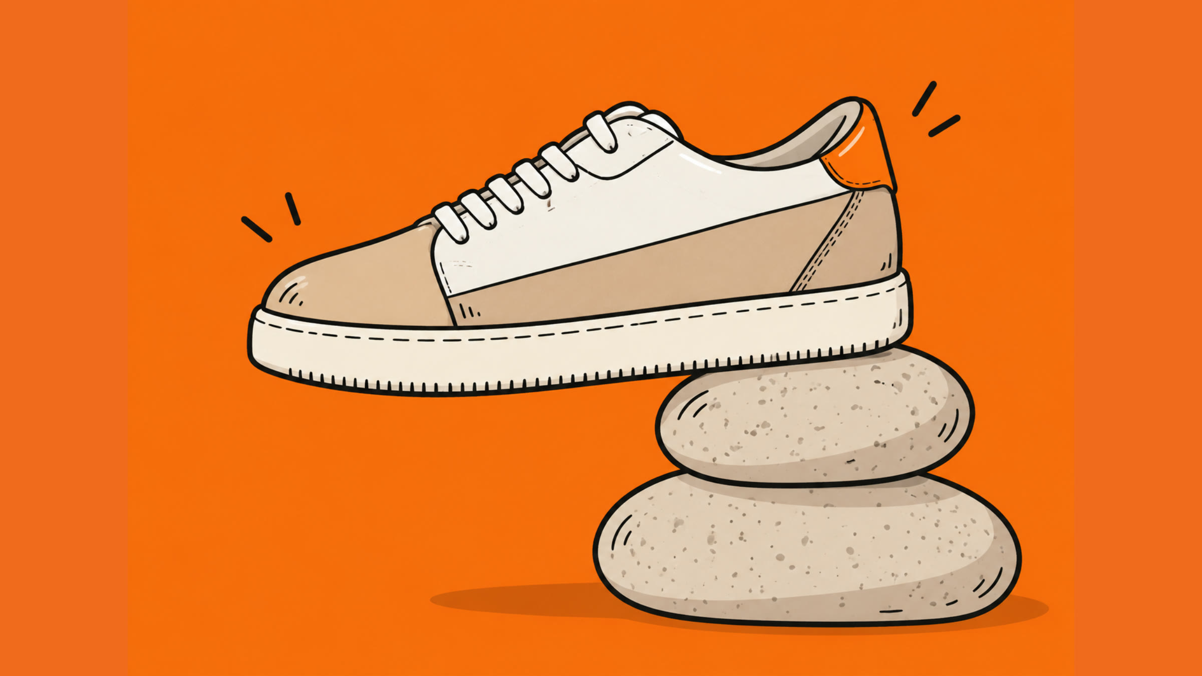 Kreslená ilustrácia tenisky na dvoch kameňoch na oranžovom pozadí