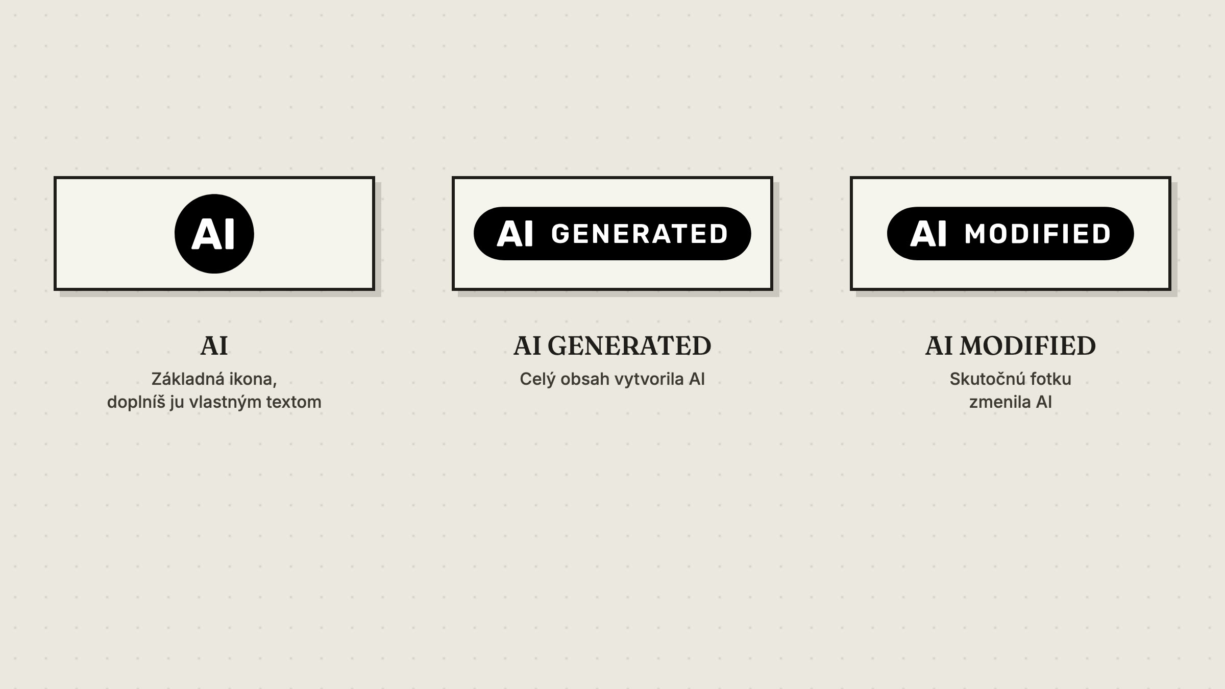 Tri oficiálne ikony EÚ na označenie AI obsahu: AI, AI GENERATED a AI MODIFIED
